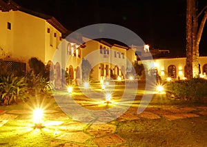 Lighted walkway at night