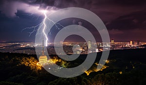 Lightening striking the metropolis at night. Dramatic cloudy sky over the huge cityscape. Generative AI