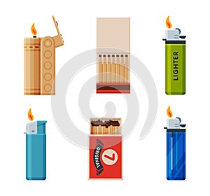 Lighter and Box of Matches as Portable Device Generating Flame Used for Ignition Cigarette or Gas Stove Vector Set