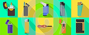 Lighter of flame vector flat set icon. Isolated flat set icon equipment for ignite. Vector illustration lighter of flame