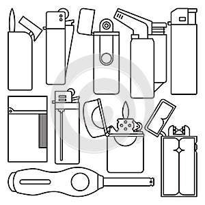 Lighter of flame vector outline set icon. Isolated outline set icon equipment for ignite. Vector illustration lighter of