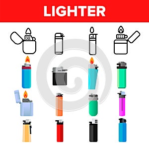 Lighter Icon Set Vector. Gas Tool. Tobacco Lighter Icons. Burning Object. Plastic Accessory. Line, Flat Illustration