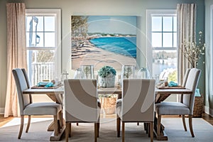 Lightfilled Dining Area With Rustic Coastal Table And Coastalinspired Artwork Coastal Interior Design. Generative AI photo