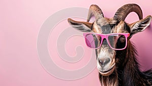 Lighthearted goat flaunting fashionable sunglasses on pastel backdrop, providing generous text space