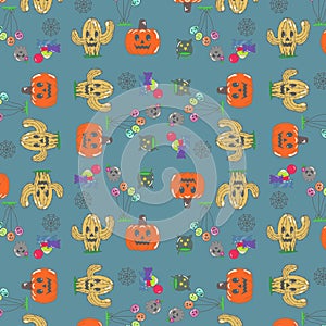 Lighthearted Halloween Print Featuring Smiling Pumpkins, Cactus, Skulls, and Witch Cauldrons