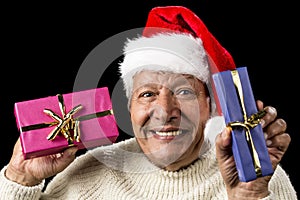 Lighthearted, Smiling Old Man Offering Two Gifts