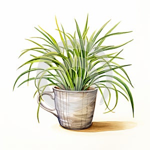 Lighthearted Spider Plant Cup Illustration Minimalistic Watercolor Painting