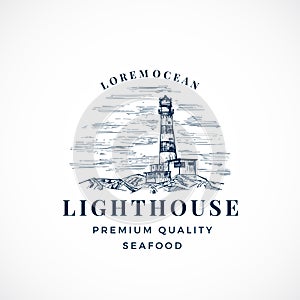 Lighthouse Abstract Vector Sign, Symbol or Logo Template. Searchlight Tower Landscape Drawing Sketch with Retro
