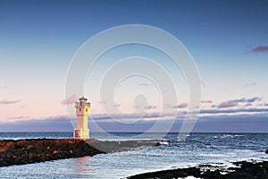 Lighthouse in Akranes, Iceland at sunset
