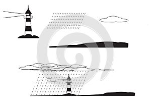 Lighthouse along shore with clouds and rain. Black and white pictogram icons isolated on a white background. EPS Vector