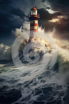 Lighthouse amidst stormy sea waves under dark clouds