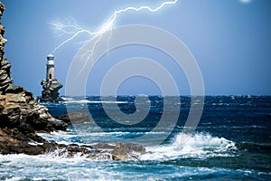 Lighthouse in andros island greece in day light and sea waves