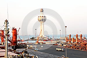 Lighthouse as a symbol of the port of Jeddah, Saudi Arabia. photo