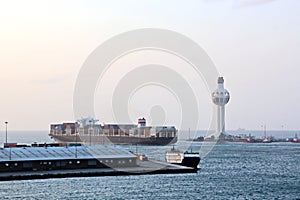 Lighthouse as a symbol of the port of Jeddah, Saudi Arabia. photo