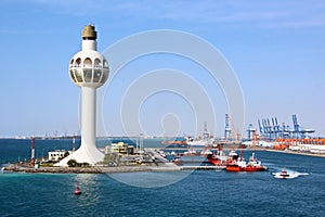 Lighthouse as a symbol of the port of Jeddah, Saudi Arabia. photo