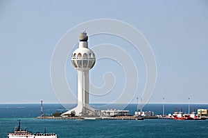 Lighthouse as a symbol of the port of Jeddah, Saudi Arabia. photo