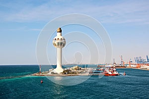 Lighthouse as a symbol of the port of Jeddah, Saudi Arabia. photo