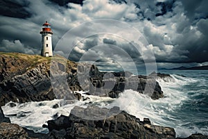 Lighthouse atop rugged cliffs with stormy skies