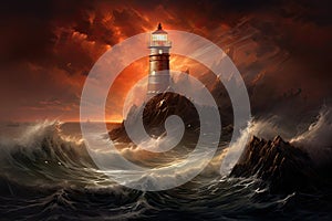 Lighthouse on the background of the stormy sea, An isolated iron lighthouse shining out to sea at night as it sits on a rocky