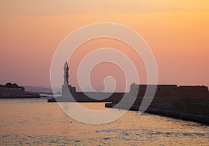 Lighthouse and bay of Chania at summer , Crete , Greece.