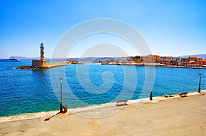 Lighthouse and bay of Chania at sunset, Crete , Greece.