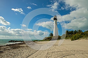 Lighthouse on the beach of the Atlantic Ocean among tropical plants.