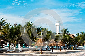 Lighthouse on the beach in Puerto Morelos, Mexico.