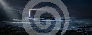 Lighthouse with beacon on coast in stormy sea with sailboat on horizon
