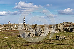 Lighthouse and Beacon of Ouessant, the island of Ushant, in Brittany, french rocky beach in northern France, Finistere