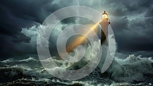 A lighthouse beam cutting through a storm, its base weathered yet resolute, symbolizing steadfast guidance