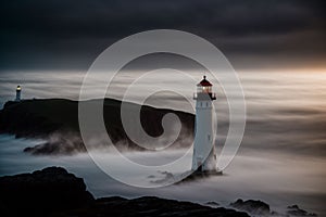 A lighthouse beam piercing through a fog of ghosts