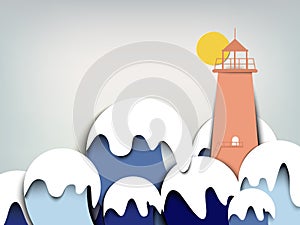 Lighthouse with big blue sea waves landscape, paper art/paper cutting