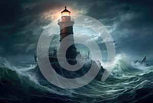 Lighthouse in a Big Waves Stormy Sea or Ocean and Dark Clouds Sky. Generative AI