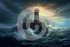 Lighthouse in a Big Waves Stormy Sea or Ocean and Dark Clouds Sky. Generative AI