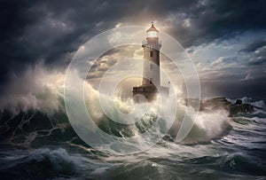 Lighthouse in a Big Waves Stormy Sea or Ocean and Dark Clouds Sky. Generative AI