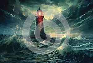 Lighthouse in a Big Waves Stormy Sea or Ocean and Dark Clouds Sky. Generative AI