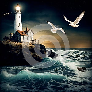 A lighthouse with birds flying around it at night