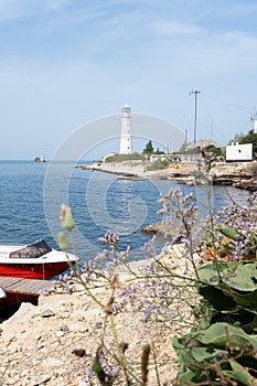 Lighthouse on the Black Sea, Cape Tarkhantuk, Crimea.