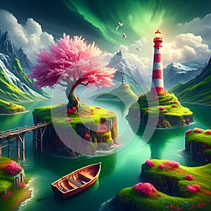 The lighthouse and blossoms tree, in a lush green landscape, lake, boat, wooden bridge, fantasy, fairytale, clouds, sky
