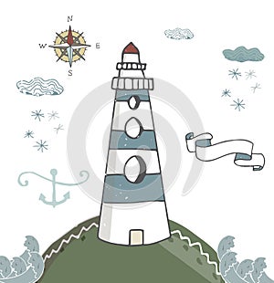 Lighthouse blue ribbon anchor kompas lighthouse white beacon, windows pharos, screed, seamark snowflake snow cloud landscape waves