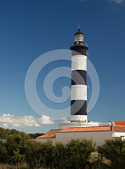 Lighthouse with blue sky and summer clouds and terracotta roof top in chassiron, Oleron Island, France