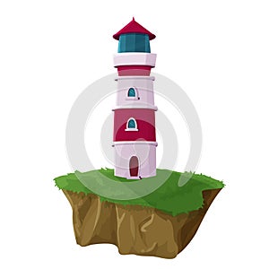Lighthouse building, seaside tower in white and red colors in cartoon style isolated on white background. Navigation