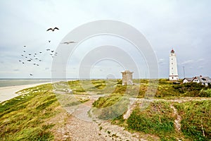 Lighthouse and bunker in the sand dunes on the beach of Blavand, Jutland Denmark