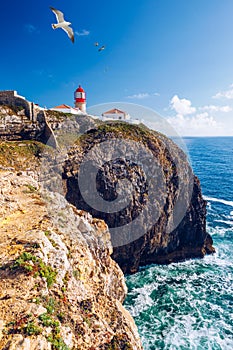 Lighthouse of Cabo Sao Vicente, Sagres, Portugal. Farol do Cabo Sao Vicente built in october 1851 Cabo de Sao Vicente is the