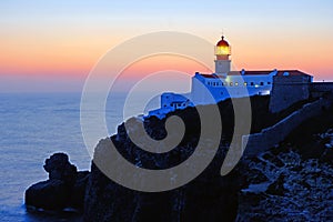 Lighthouse Cabo Vicente in Sagres Portugal by night