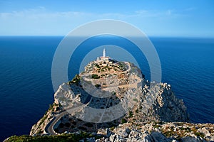 Lighthouse at Cap de Formentor on Majorca while sunset