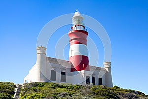 Lighthouse on Cape Agulhas in South Africa on blue sky background