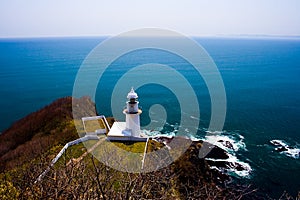 Lighthouse at Cape Chikyu (Cape Earth), Muroran, Hokkaido, Japan.