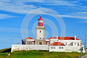 Lighthouse at Cape Roca. Cabo da Roca most western point in Europe. Landmark in Sintra and Lisbon, Portugal