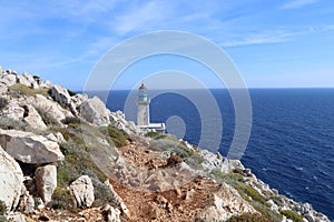 Lighthouse at Cape Tenaro near the entrance to the underworld Greek mythlology photo